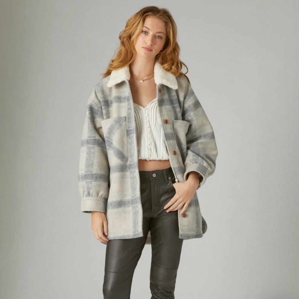 Lucky Brand Oversized Plaid Shirt Jacket with Shearling Collar Size Medium